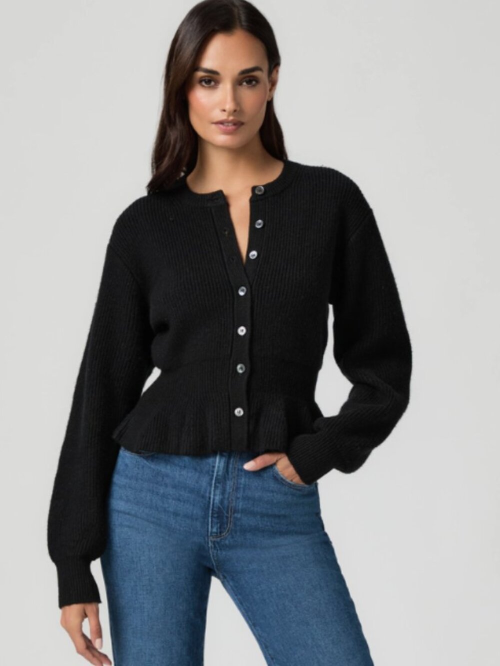 PAIGE Black Wool Blend Ribbed Peplum Cardigan XL